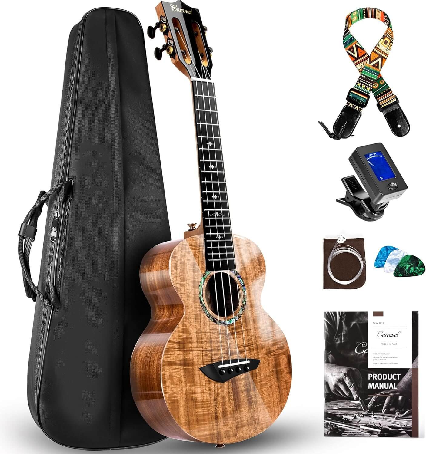 Caramel CAG28 Glossy Curly Acacia 23" Concert Ukulele for Beginner | Handmade Ukelele Starter Kit