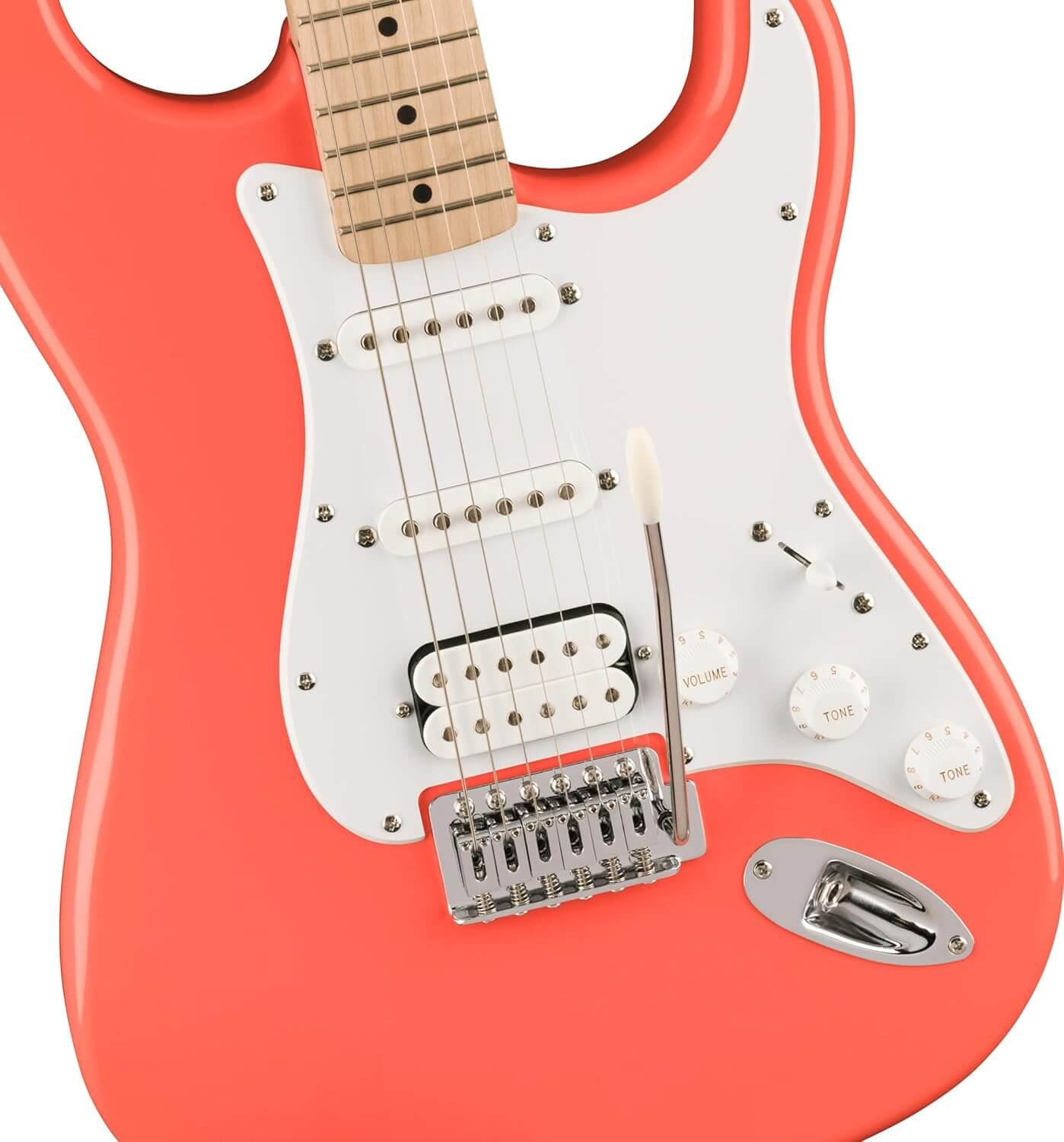 Squire Sonic Stratocaster Electric Guitar, Tahitian Coral, Maple Fingerboard, White Pickguard