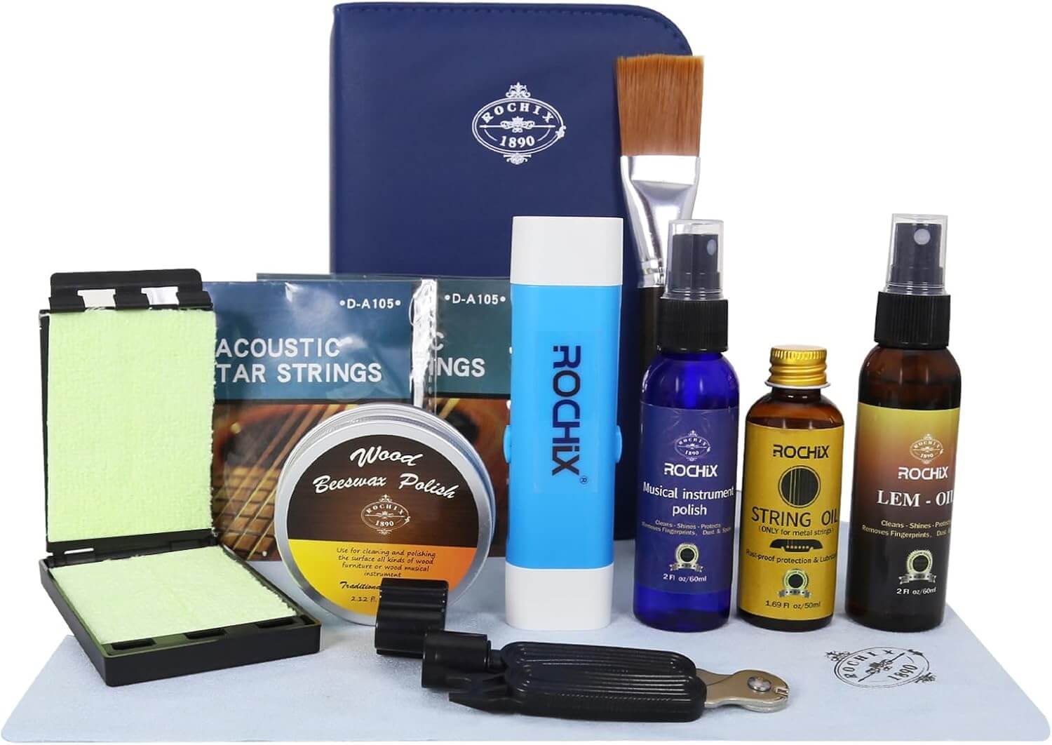 Guitar Cleaner Care Cleaning Kit,Maintenance Kit 11 Pack,Beeswax,Polish,Lemon Oil,String Oil,String Saver,String Guard Pen(Random Color),Winder,Guitar Strings,String Brush,Cleaning Cloth,Case