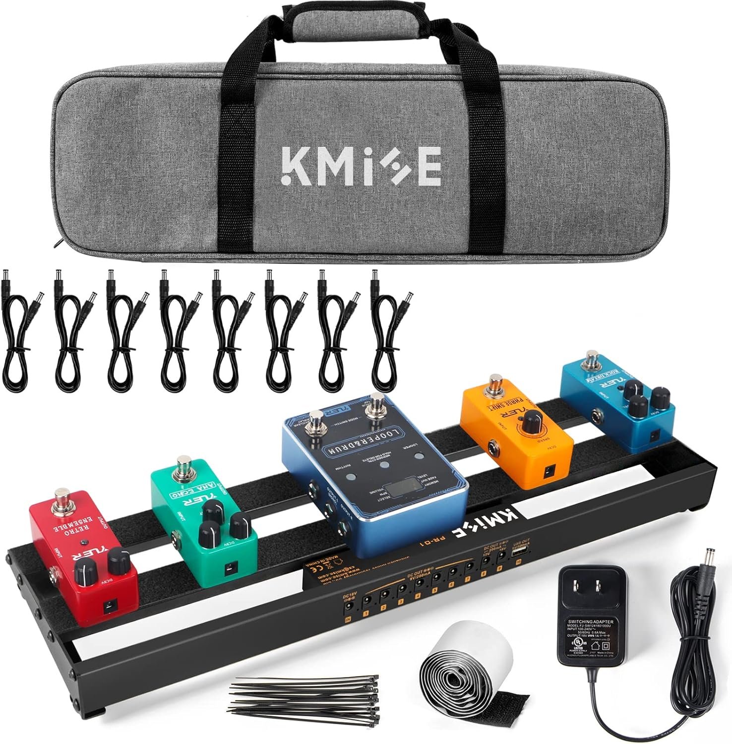 Guitar Pedalboard with Built-in Power Supply Pedal Board Aluminium Alloy 1.8lb Lightweight 19x5 Inch Black Pedal Board with Power Supply, Carrying Bag, Guitar Pedal Cable, Hook Tape