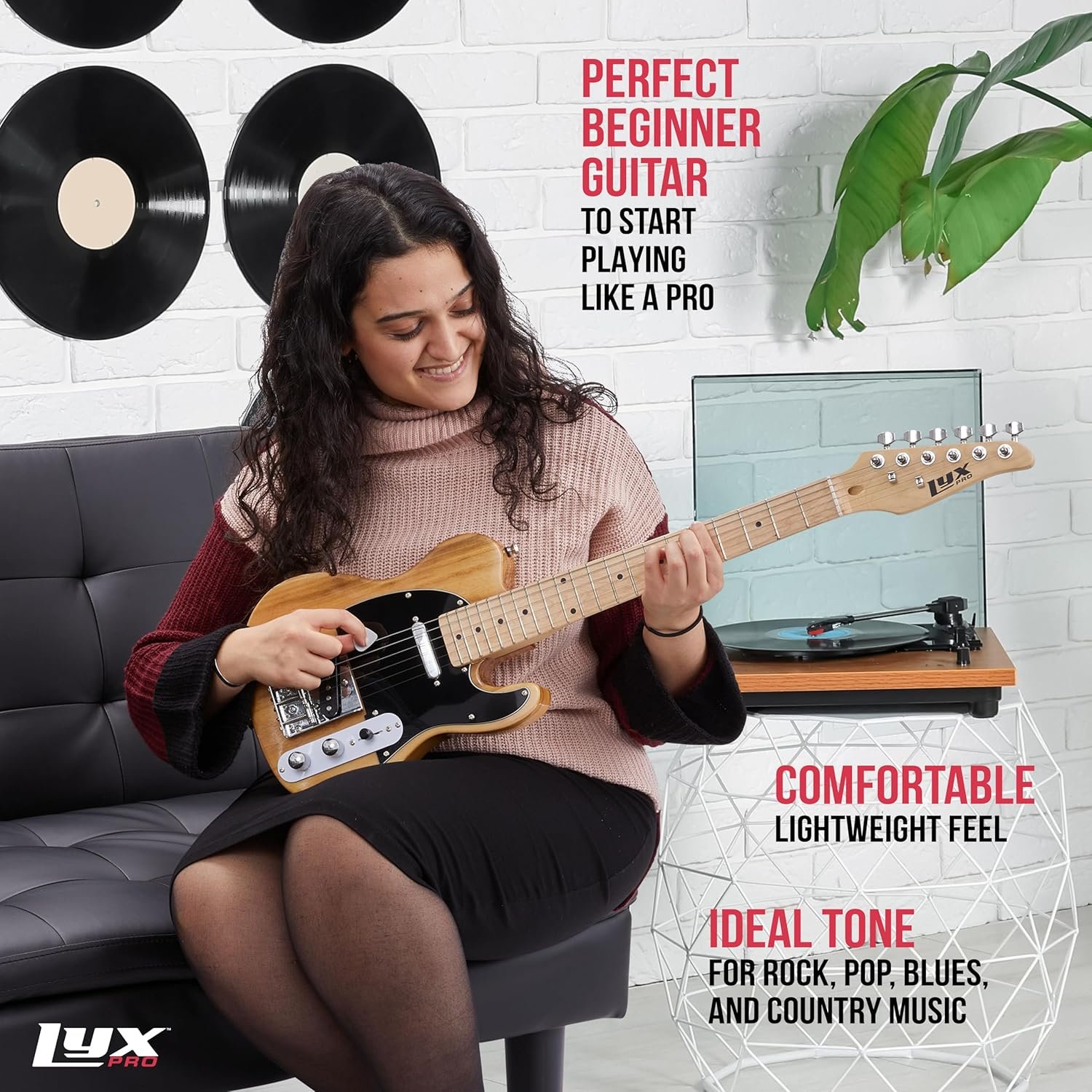 LyxPro 30” Electric Guitar Left Hand TL Series, Full-Size Paulownia Wood Body, 3-Ply Pickguard, C-Shape Neck, Ashtray Bridge, Quality Gear Tuners, 3-Way Switch & Volume/Tone Controls, 2 Picks, Natural