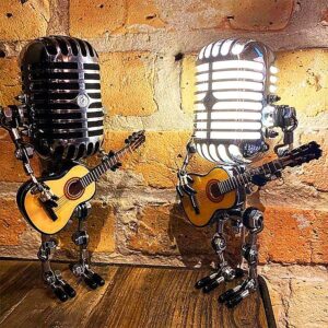 Vintage Microphone Guitar Lamp, Cool Guitar Gifts for Music Lovers and Player, USB Plug in Powered, Retro Decorations for Home, Bar, Office