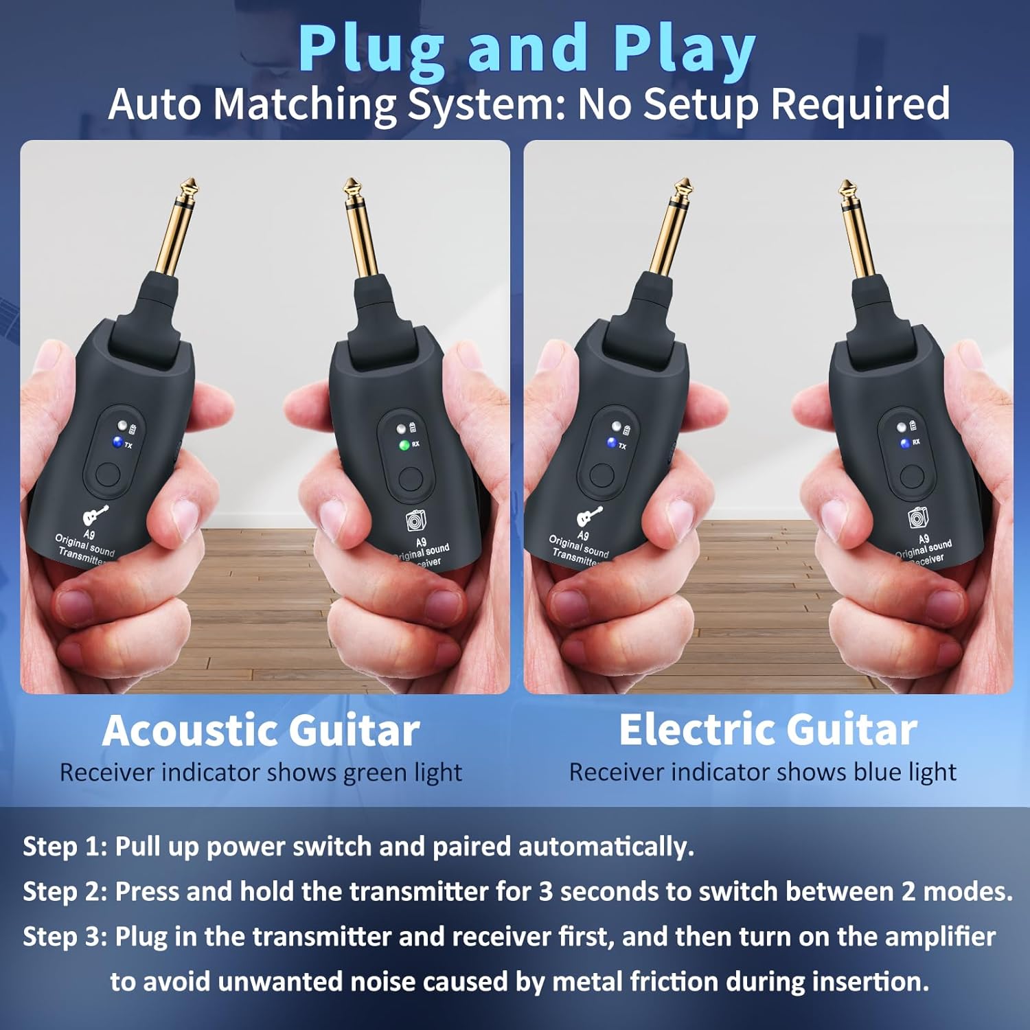 2.4GHz Wireless Guitar System Rechargeable Audio Wireless Transmitter Receiver for Guitar Bass Electric Instruments,Over 30m/100 Feet Transmission,270°Rotatable,4hours Working Time（A9 Black）