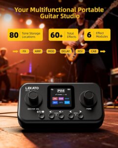 LEKATO portable multi effects guitar pedal with 6 modules, 60+ built-in effects, and amp modelling controls on a dark studio background