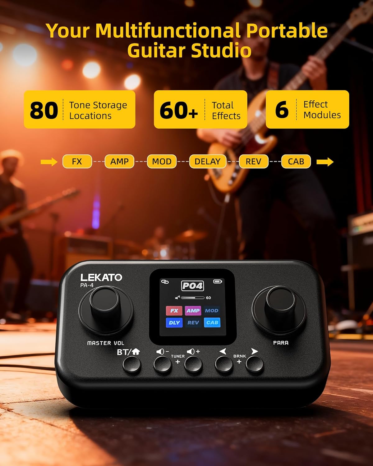 LEKATO portable multi effects guitar pedal with 6 modules, 60+ built-in effects, and amp modelling controls on a dark studio background