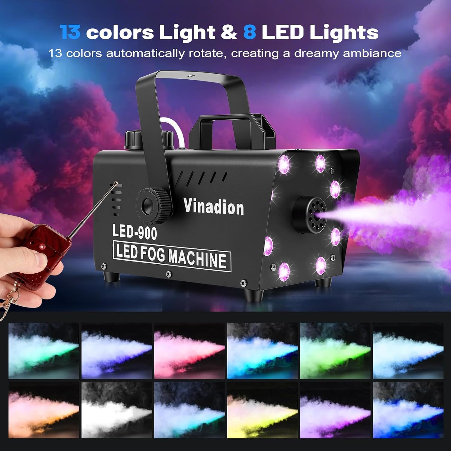 DJ fog machine with wireless remote control and LED lights for party dance floor effects