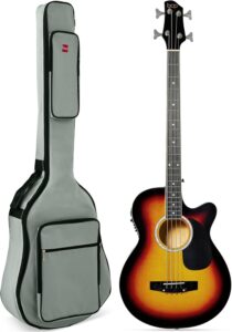 Full size 4 string acoustic bass guitar vintage sunburst leaning against padded gig bag