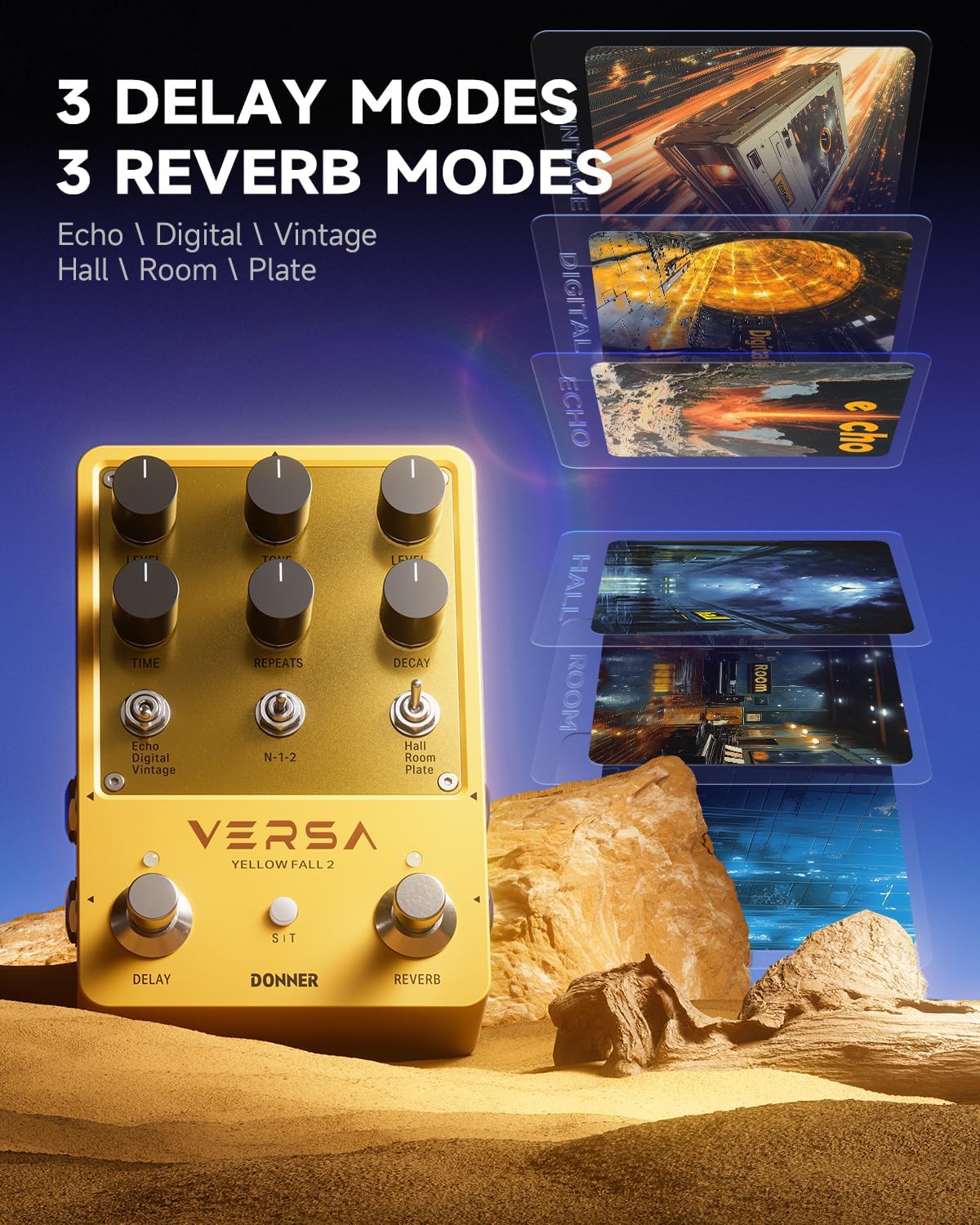 Donner Guitar Reverb Delay Pedal on a compact pedalboard