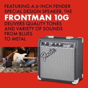 Fender Frontman 10G simple guitar amplifier on a desk with no cables visible, guitar leaning nearby