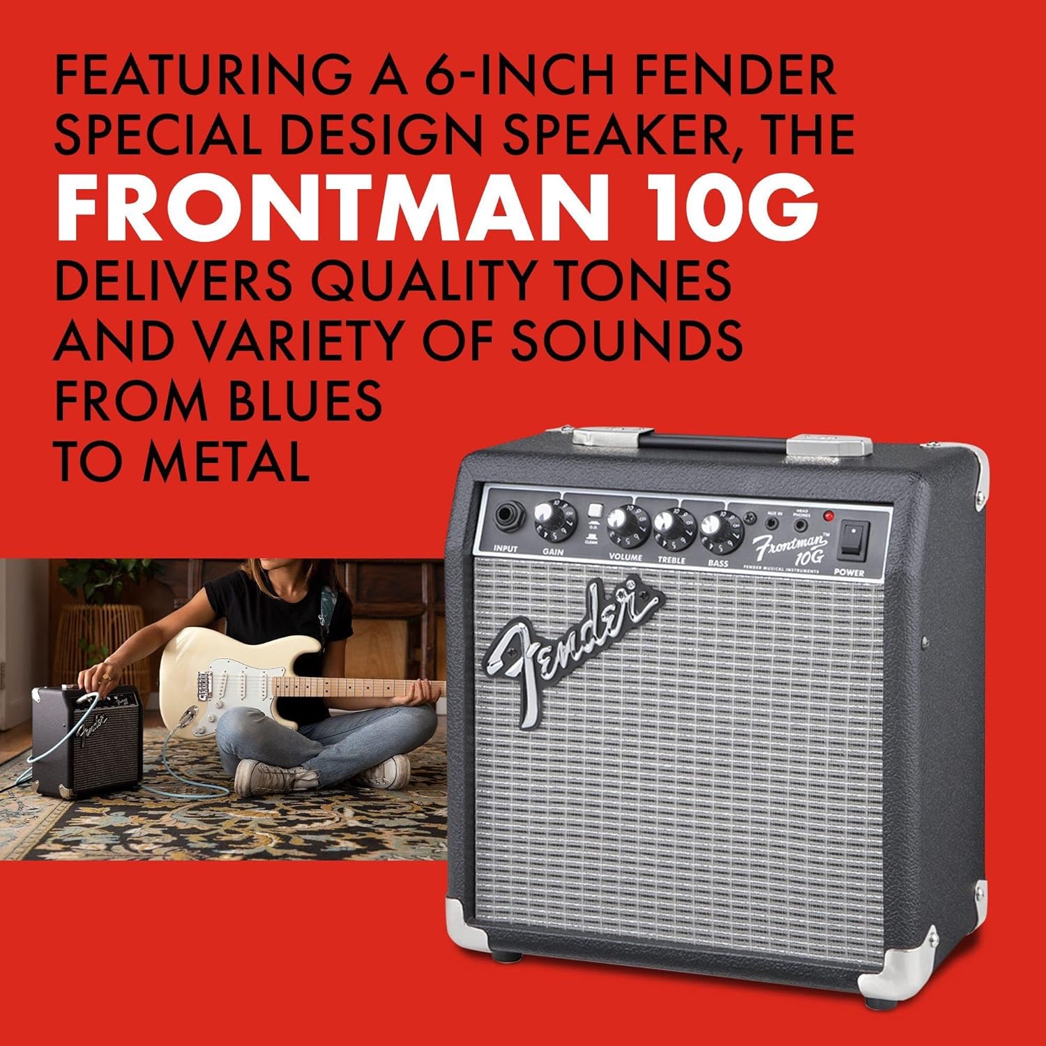 Fender Frontman 10G simple guitar amplifier on a desk with no cables visible, guitar leaning nearby