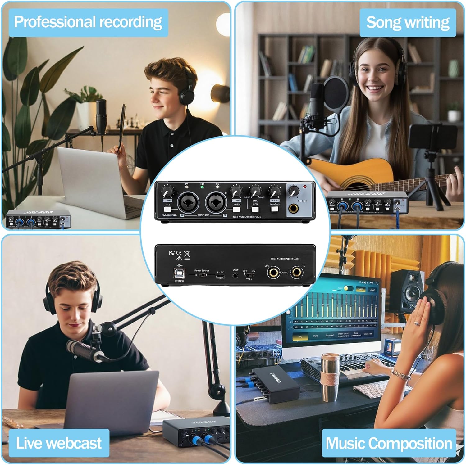 Jolgoo USB audio interface for home studio recording setup