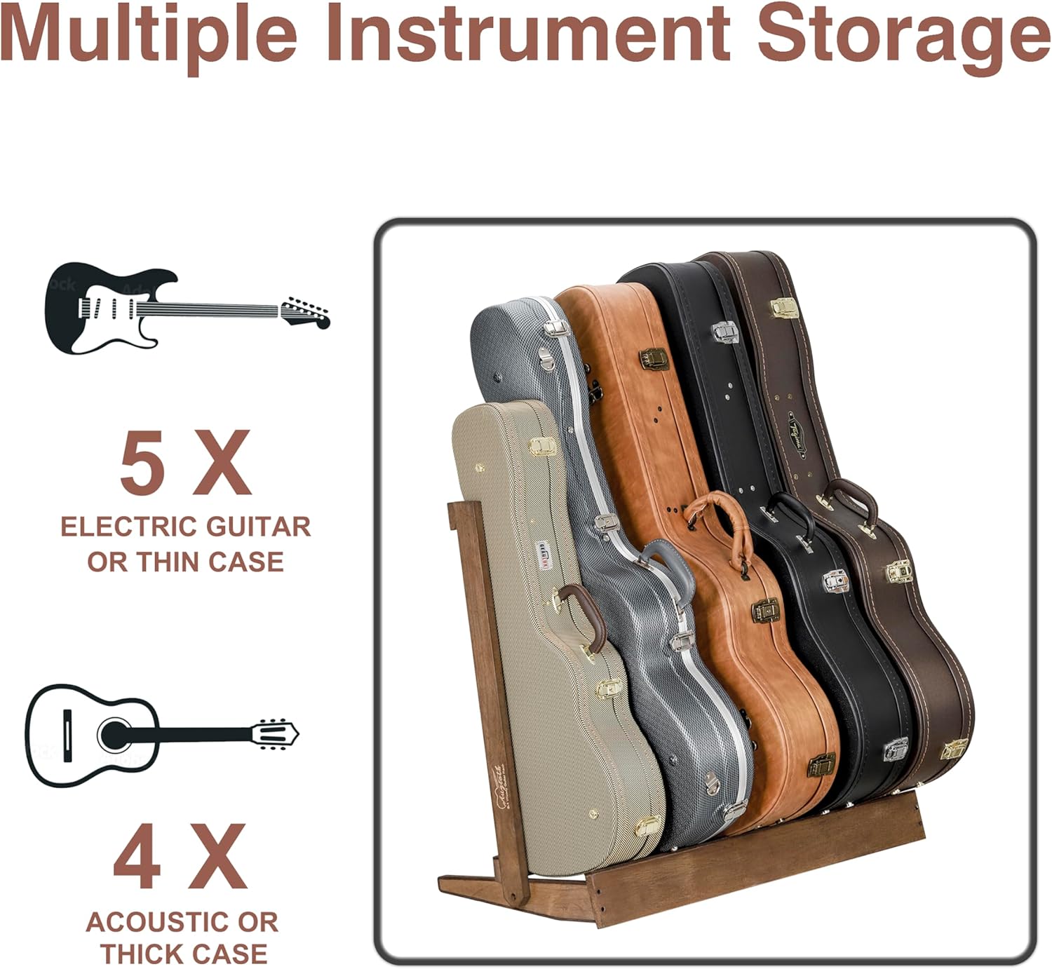 Safe 5 guitar hardwood floor stand with thick wood base and cushioned slots
