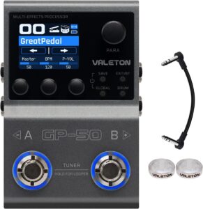 Valeton GP-50 NAM pedal next to smartphone showing Bluetooth app interface