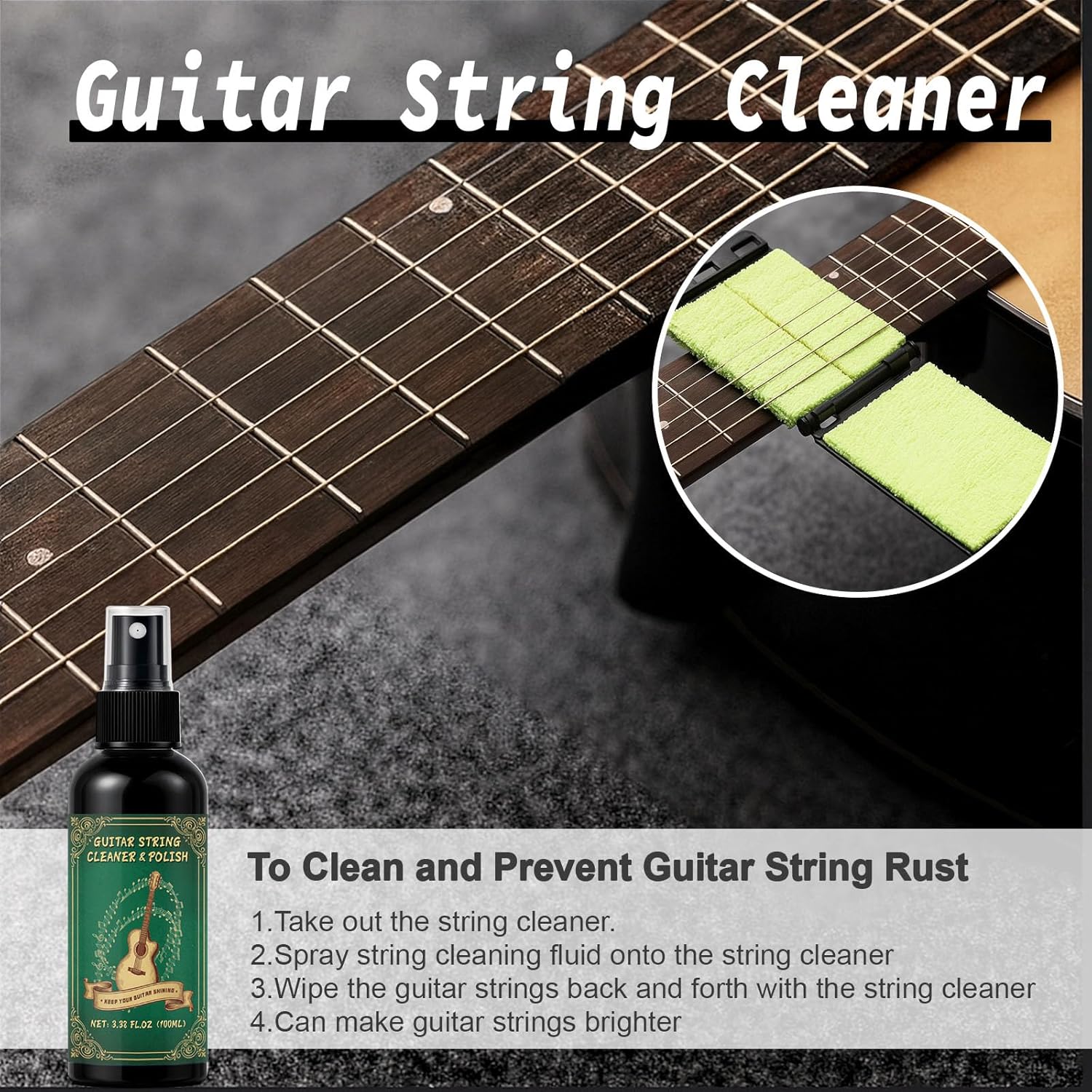 Guitar maintenance supplies beside a well-kept acoustic guitar