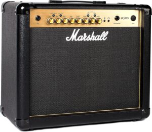 Marshall MG30GFX Black and Gold amplifier in a home guitar practice setup