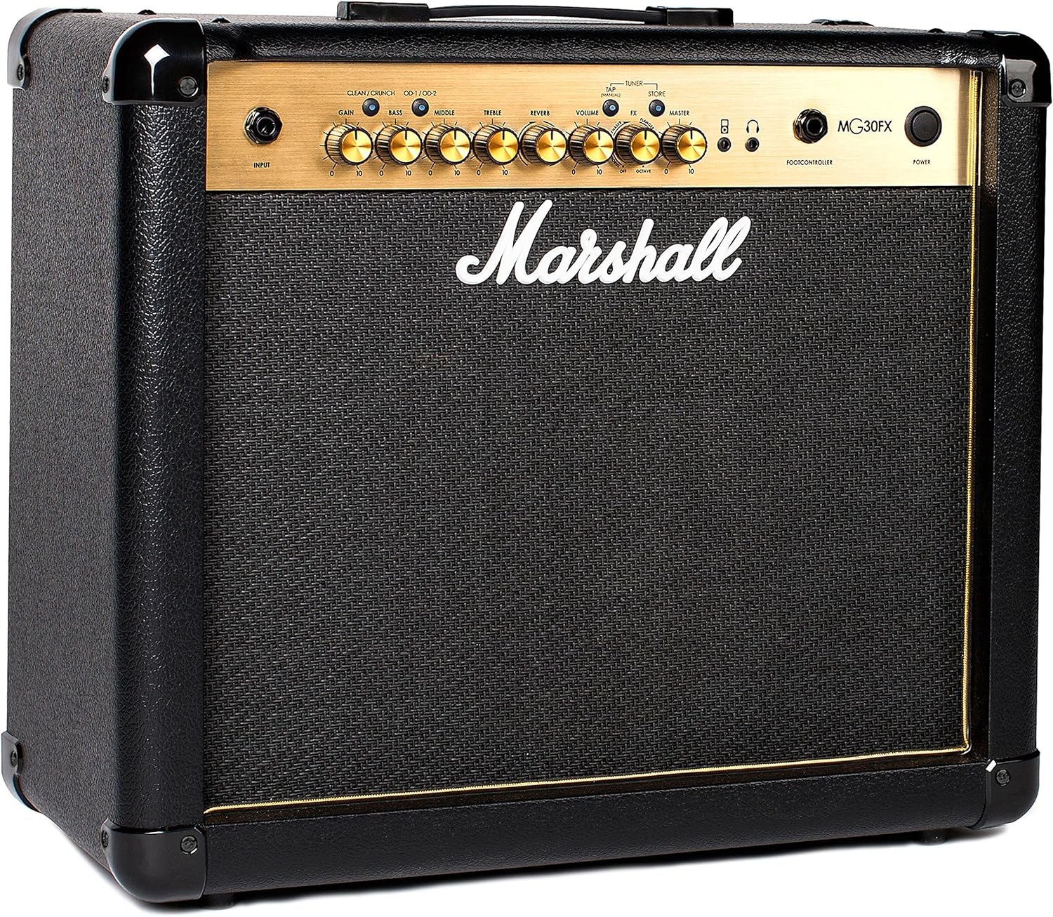 Marshall MG30GFX Black and Gold amplifier in a home guitar practice setup
