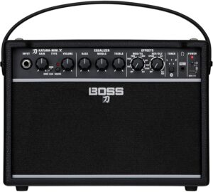 The BOSS Katana-Mini X is a compact 10-watt guitar amplifier with Bluetooth, onboard effects and rechargeable portability, aimed at players who want useful practice features without giving up the familiar Katana sound.