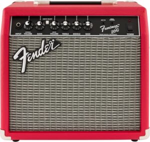 Red Fender Frontman 20G practice amplifier set up for home guitar playing