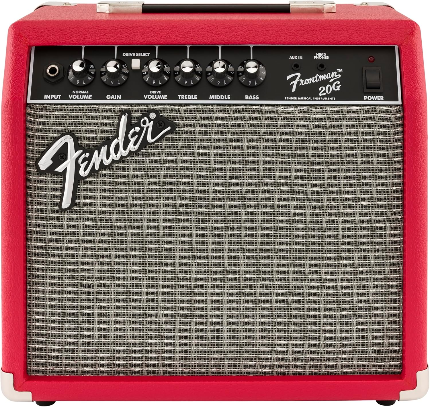 Red Fender Frontman 20G practice amplifier set up for home guitar playing
