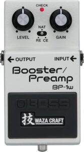 BOSS BP-1W Waza Craft Booster Preamp guitar effects pedal with silver metal enclosure and Level and Gain controls
