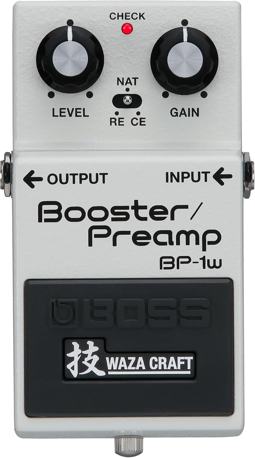 BOSS BP-1W Waza Craft Booster Preamp guitar effects pedal with silver metal enclosure and Level and Gain controls