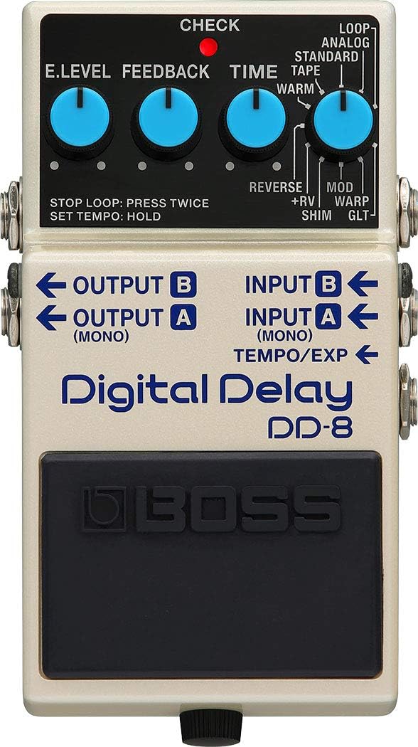 BOSS DD-8 Digital Delay guitar effects pedal with four blue control knobs