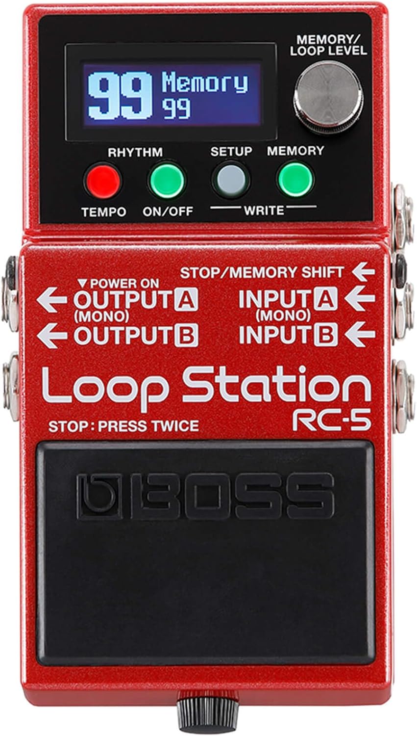 BOSS RC-5 Loop Station red guitar looper pedal with colour LCD display and footswitch