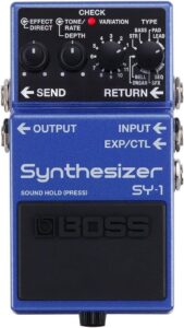 BOSS SY-1 blue guitar synthesizer pedal with four control knobs and footswitch