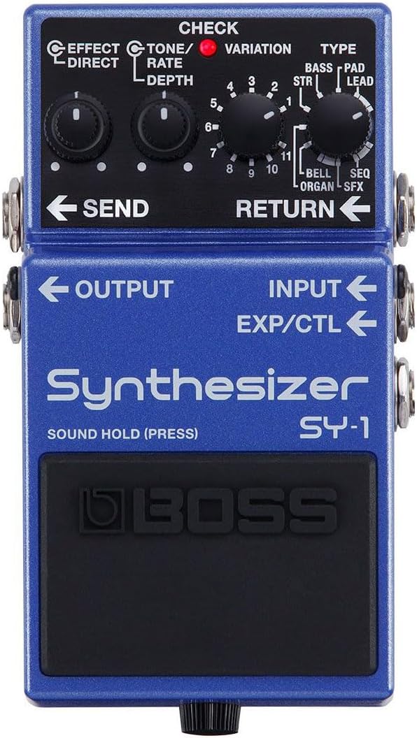 BOSS SY-1 blue guitar synthesizer pedal with four control knobs and footswitch