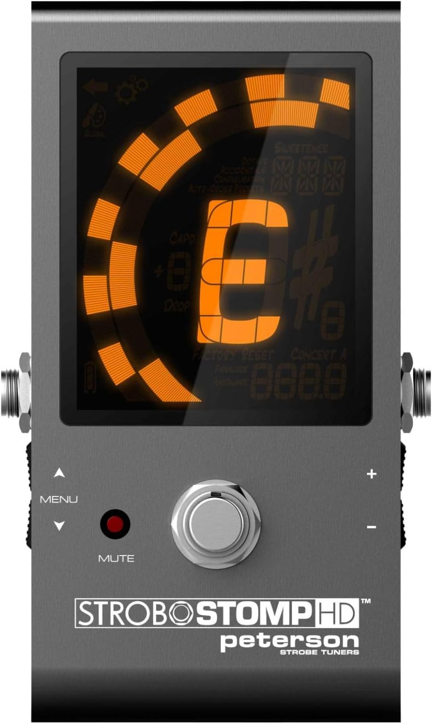 Peterson StroboStomp HD guitar and bass pedal tuner with stainless steel housing and large colour display